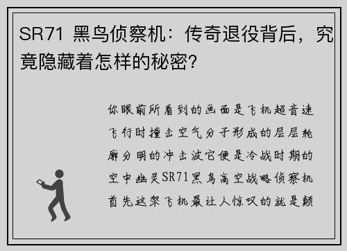 SR71 黑鸟侦察机：传奇退役背后，究竟隐藏着怎样的秘密？