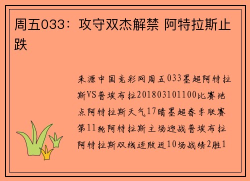 周五033：攻守双杰解禁 阿特拉斯止跌