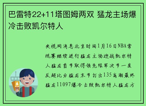 巴雷特22+11塔图姆两双 猛龙主场爆冷击败凯尔特人