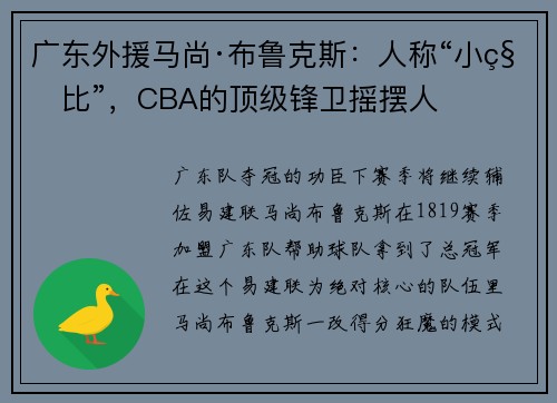 广东外援马尚·布鲁克斯：人称“小科比”，CBA的顶级锋卫摇摆人