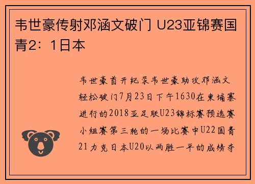 韦世豪传射邓涵文破门 U23亚锦赛国青2：1日本