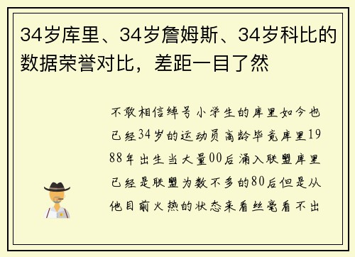 34岁库里、34岁詹姆斯、34岁科比的数据荣誉对比，差距一目了然