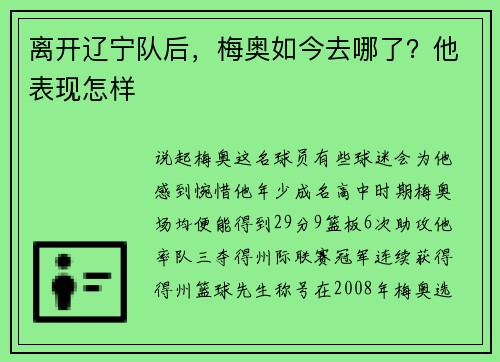 离开辽宁队后，梅奥如今去哪了？他表现怎样
